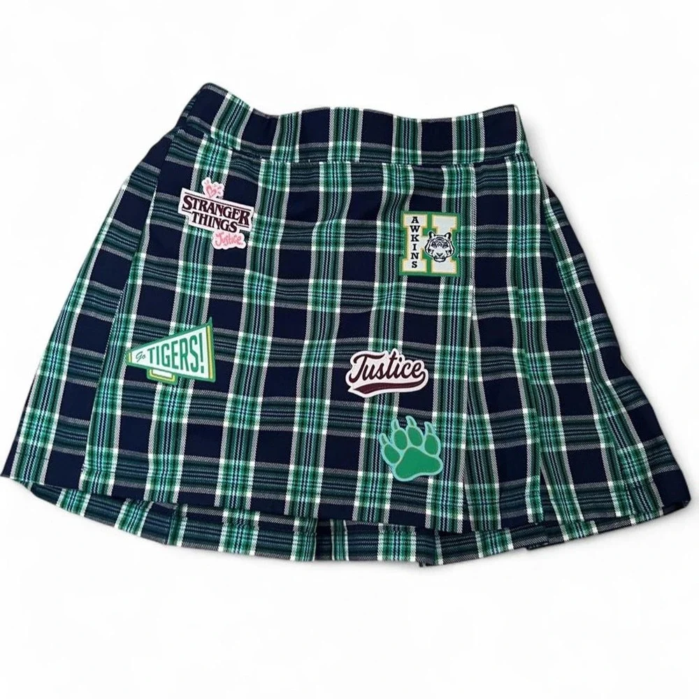 Stranger Things Justice Plaid Skort With Patches Girls 7/8 Green Navy Preppy